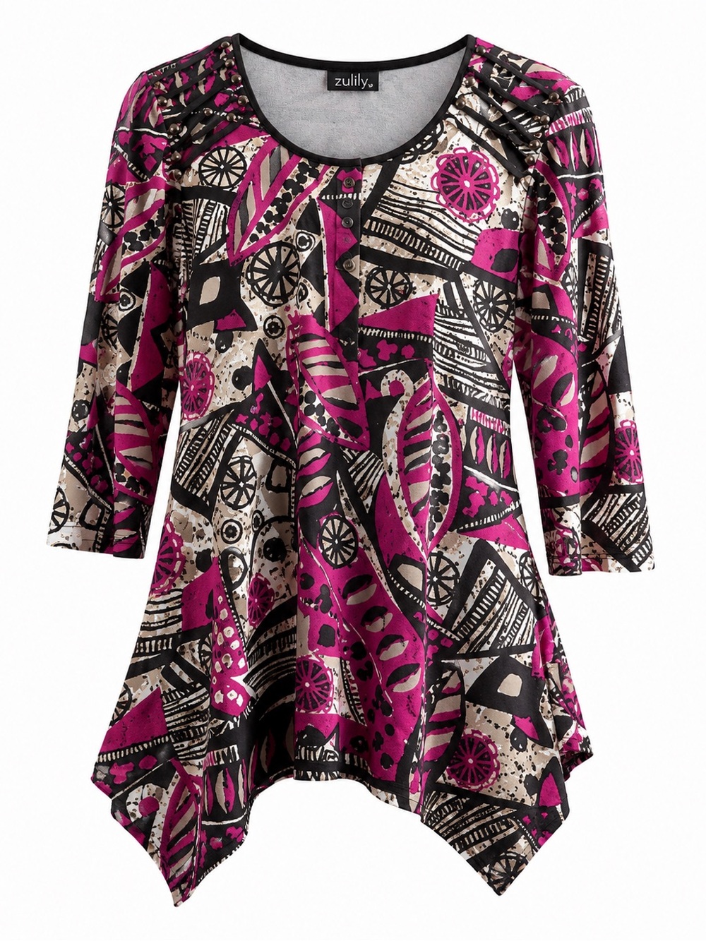 Initiatives Abstract Print Tunic Top Size Small PinkBlack Embellished 3/4 Sleeve